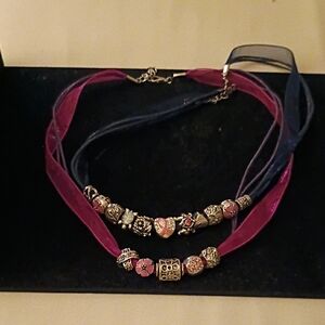 Handmade Pink and Navy Ribbon Bead Necklace